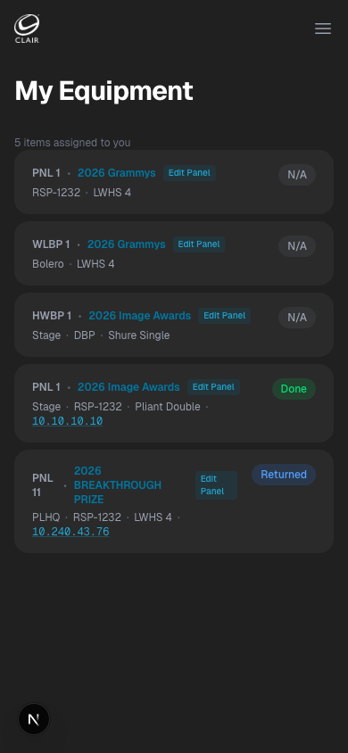 My Equipment screen